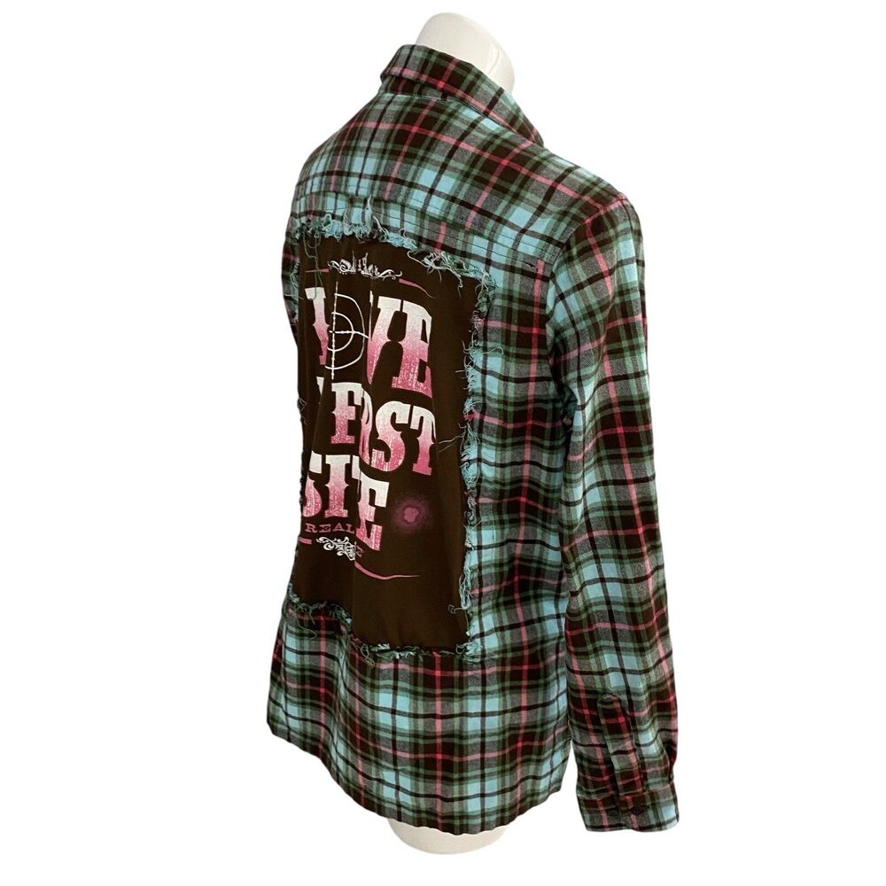 Upcycled Flannel Shirt Womens Large Shacket Hunting Green Country Grunge Camp - Picture 13 of 16